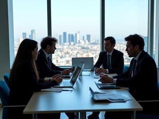Professional team at Estabilidad Financiera Mexico discussing financial strategies in a modern office with a view of Mexico City.