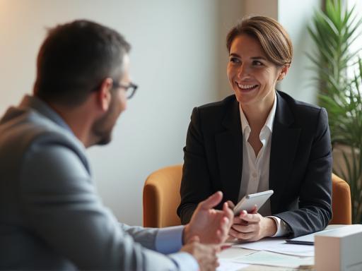 A financial consultant from Estabilidad Financiera Mexico warmly advising a client in a comfortable setting.